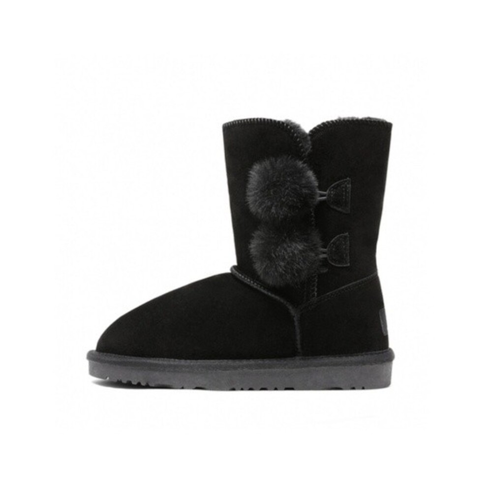 Dream Paris Sheepskin Fur Kids PomPom Black Boots 1Y